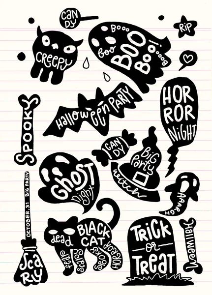 Set di personaggi di Halloween con testo all'interno. Grunge tipografico — Vettoriale Stock