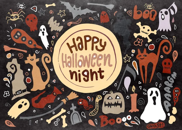 Cute happy Halloween night background, hand drawn style — стоковый вектор