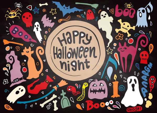 Niedlich glücklich Halloween-Nacht Hintergrund, handgezeichnet Stil — Stockvektor