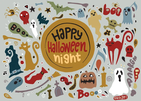 Niedlich glücklich Halloween-Nacht Hintergrund, handgezeichnet Stil — Stockvektor