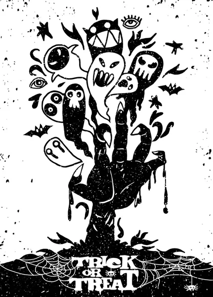Halloween fond avec main zombie et fantôme — Image vectorielle