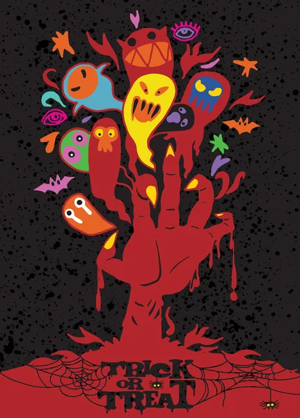 Halloween fond avec main zombie et fantôme — Image vectorielle