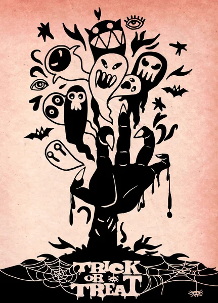Halloween fond avec main zombie et fantôme — Image vectorielle
