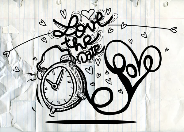 Vektor-Cartoon-Uhr mit Herzen. Valentin-Tageskarte. liebe die — Stockvektor