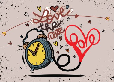 Kalpleri ile vektör çizgi film saat. Sevgililer günü kartı. seviyorum