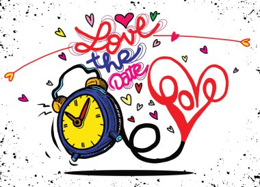 Kalpleri ile vektör çizgi film saat. Sevgililer günü kartı. seviyorum