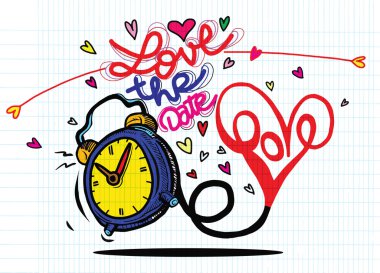 Kalpleri ile vektör çizgi film saat. Sevgililer günü kartı. seviyorum