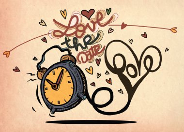 Kalpleri ile vektör çizgi film saat. Sevgililer günü kartı. seviyorum