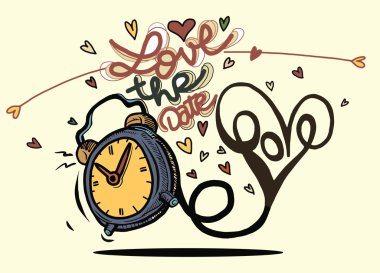 Kalpleri ile vektör çizgi film saat. Sevgililer günü kartı. seviyorum