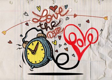 Kalpleri ile vektör çizgi film saat. Sevgililer günü kartı. seviyorum