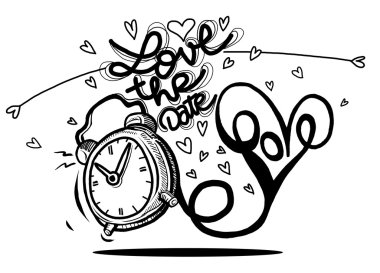 Kalpleri ile vektör çizgi film saat. Sevgililer günü kartı. seviyorum