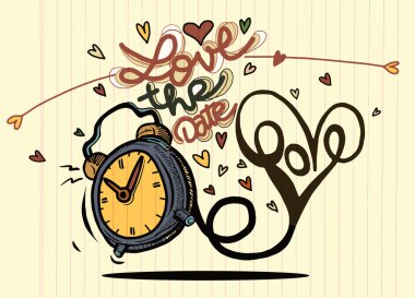 Kalpleri ile vektör çizgi film saat. Sevgililer günü kartı. seviyorum