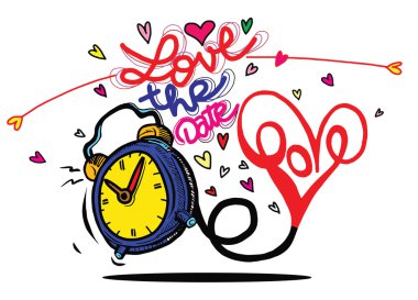 Kalpleri ile vektör çizgi film saat. Sevgililer günü kartı. seviyorum