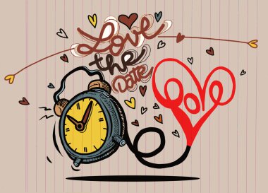 Kalpleri ile vektör çizgi film saat. Sevgililer günü kartı. seviyorum