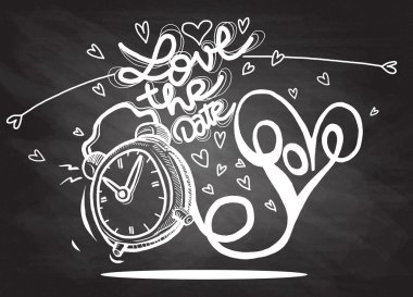 Kalpleri ile vektör çizgi film saat. Sevgililer günü kartı. seviyorum