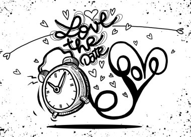 Kalpleri ile vektör çizgi film saat. Sevgililer günü kartı. seviyorum