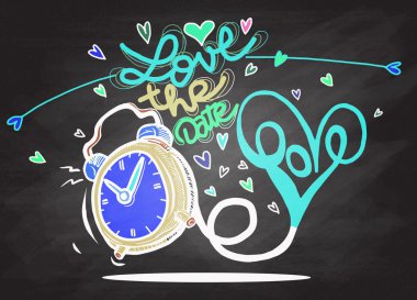 Kalpleri ile vektör çizgi film saat. Sevgililer günü kartı. seviyorum