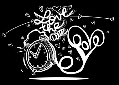 Kalpleri ile vektör çizgi film saat. Sevgililer günü kartı. seviyorum