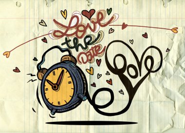 Kalpleri ile vektör çizgi film saat. Sevgililer günü kartı. seviyorum