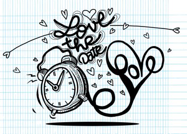 Kalpleri ile vektör çizgi film saat. Sevgililer günü kartı. seviyorum