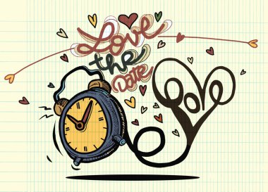 Kalpleri ile vektör çizgi film saat. Sevgililer günü kartı. seviyorum