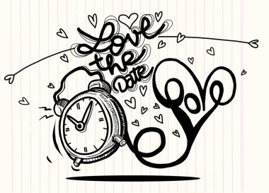 Kalpleri ile vektör çizgi film saat. Sevgililer günü kartı. seviyorum