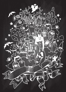 el çizilen kızgın çirkin canavar kümesi. Cadılar Bayramı poster.monster doodle, vektör çizim