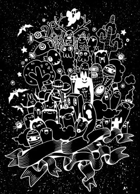 el çizilen kızgın çirkin canavar kümesi. Cadılar Bayramı poster.monster doodle, vektör çizim