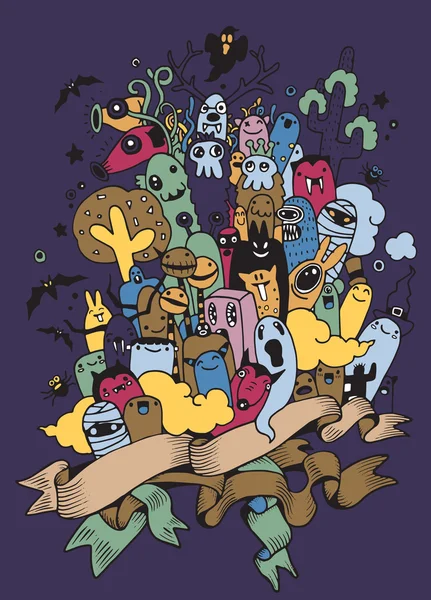 Conjunto de mão desenhado monstro feio louco. Halloween poster.monster doodle, ilustração vetorial —  Vetores de Stock