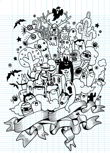 Conjunto de mão desenhado monstro feio louco. Halloween poster.monster doodle, ilustração vetorial —  Vetores de Stock