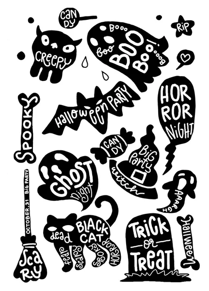 Conjunto de personajes de Halloween con texto interior. Grunge tipográfico — Archivo Imágenes Vectoriales