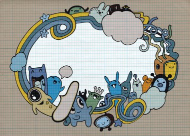 Çılgın canavar sosyal kopya alanı, doodle çizim stili. Vektör