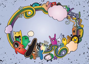 Çılgın canavar sosyal kopya alanı, doodle çizim stili. Vektör