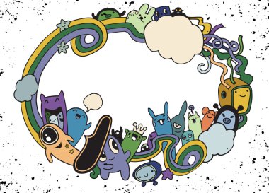 Çılgın canavar sosyal kopya alanı, doodle çizim stili. Vektör