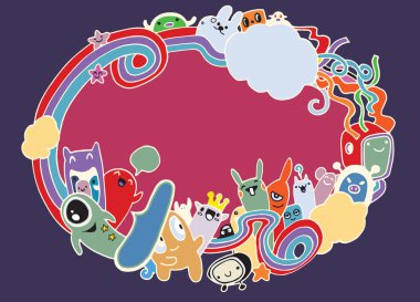 Çılgın canavar sosyal kopya alanı, doodle çizim stili. Vektör