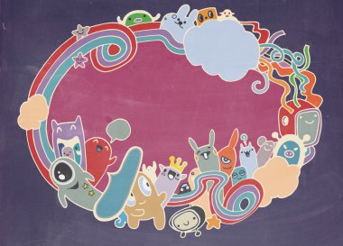 Çılgın canavar sosyal kopya alanı, doodle çizim stili. Vektör