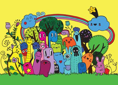 Hipster elle çizilmiş deli canavar şehir, çizim stili doodle. Vecto