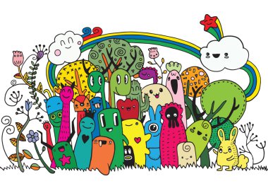 Hipster elle çizilmiş deli canavar şehir, çizim stili doodle. Vecto