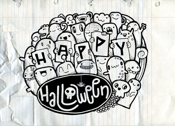 Happy Halloween doodle. Halloween słowa i tło ikony. Han — Wektor stockowy