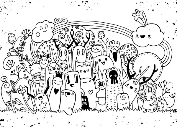 Hipster Hand drawn Crazy doodle Monster City, desenho style.Vecto —  Vetores de Stock