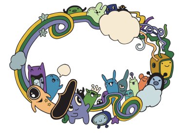 Çılgın canavar sosyal kopya alanı, doodle çizim stili. Vektör