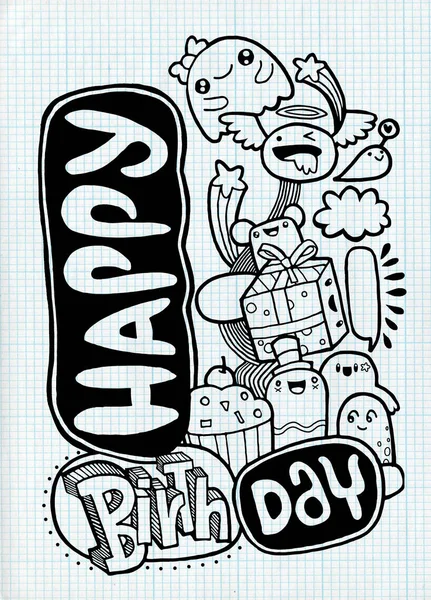 Feliz cumpleaños, diseño de la tarjeta del partido del monstruo, dibujado a mano, Doodle — Archivo Imágenes Vectoriales