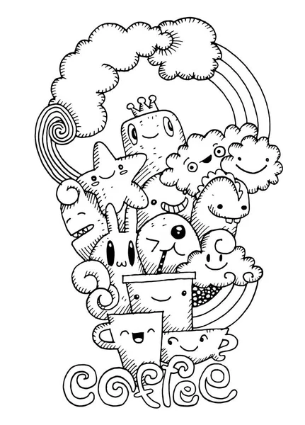 Café desenhado à mão, monstro dos desenhos animados e xícara de café, Doodle, Vector — Vetor de Stock