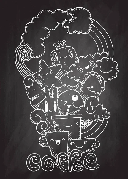 Café desenhado à mão, monstro dos desenhos animados e xícara de café, Doodle, Vector — Vetor de Stock