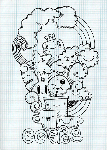 Handgezeichneter Kaffee, Cartoon-Monster und Kaffeetasse, Doodle, Vektor — Stockvektor