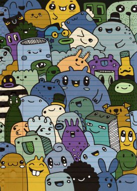 Çocuklar tasarım koleksiyonu, elle çizilmiş eğlenceli sevimli çizgi film canavarlarına