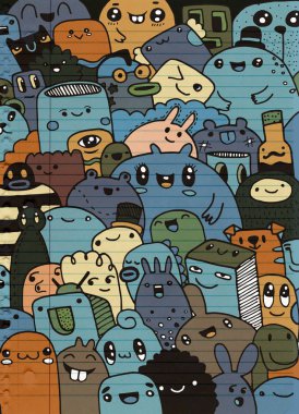 Çocuklar tasarım koleksiyonu, elle çizilmiş eğlenceli sevimli çizgi film canavarlarına