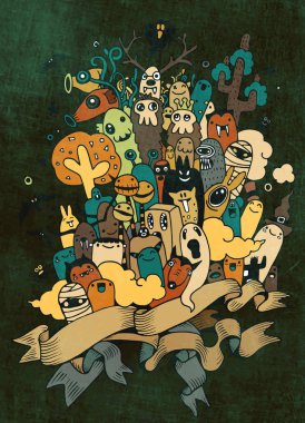 el çizilen kızgın çirkin canavar kümesi. Cadılar Bayramı poster.monster doo