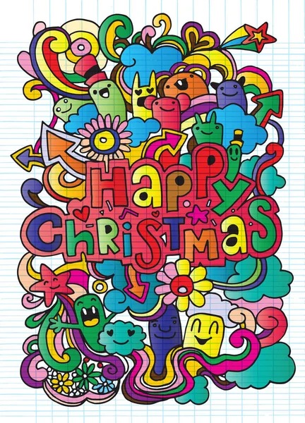 Handgezeichnetes fröhliches Weihnachtsposter, lustiges Doodle, Vektorillustration — Stockvektor