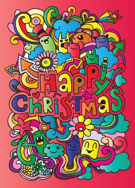 Cartaz de Natal feliz desenhado à mão, doodle engraçado, Vector illustra — Vetor de Stock